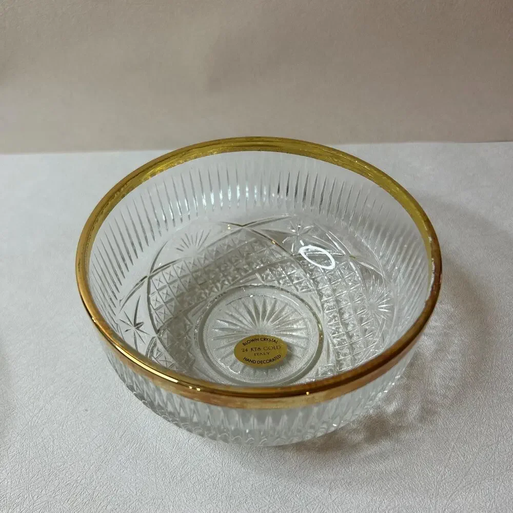 Vintage Italian Blown Crystal Dessert Bowls 24K Gold Trim - Set of 3